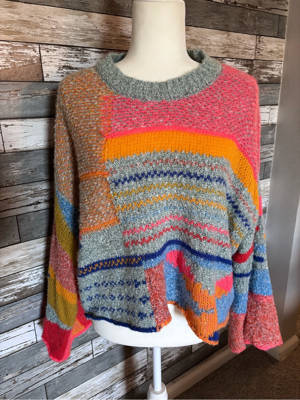 Moon & Madison Colorful Patchwork Grandmacore Oversized Sweater Womens L